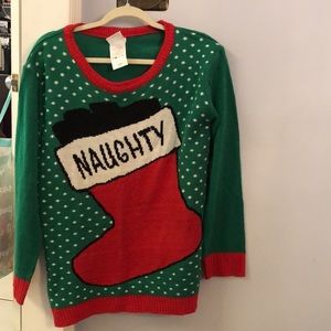 Ugly Christmas Sweater "Naughty" red boot and snow on green background, Large